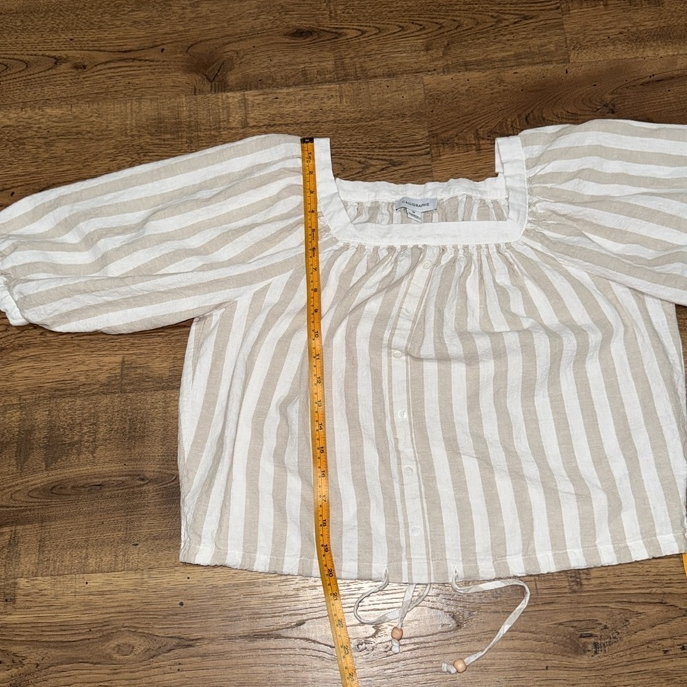 Striped Square-Neck Peasant Top - Cream/Tan